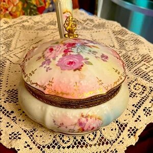 Vintage Floral Porcelain Trinket Box with Gold Accents